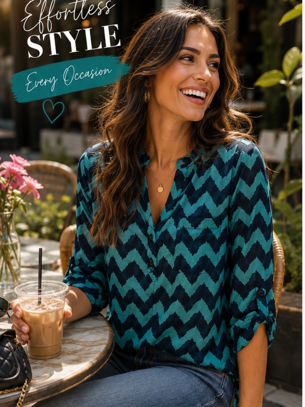 Rue21 Teal Chevron Print Tunic Blouse Roll Sleeve Lightweight
